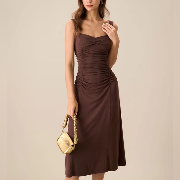 Rihoas Women's Coffee Ruched Knitted Slip Midi Dress - Picture 1 of 8